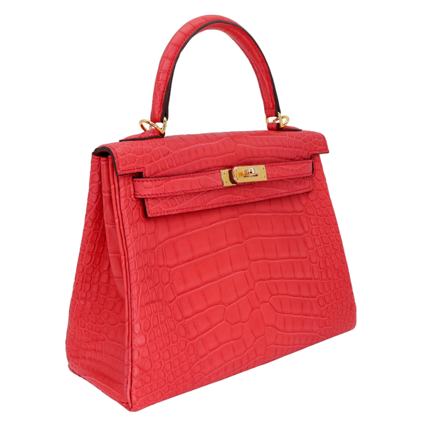 Hermès 25cm Kelly Retourne Bougainvillea Matte Alligator Gold Hardware