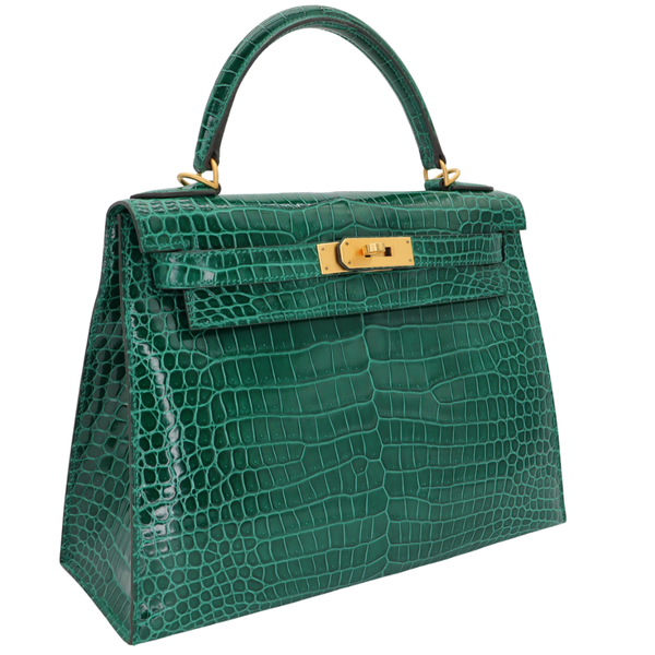 Hermès 28cm Kelly Sellier HSS Emerald Shiny Porosus Crocodile Brushed Gold Hardware