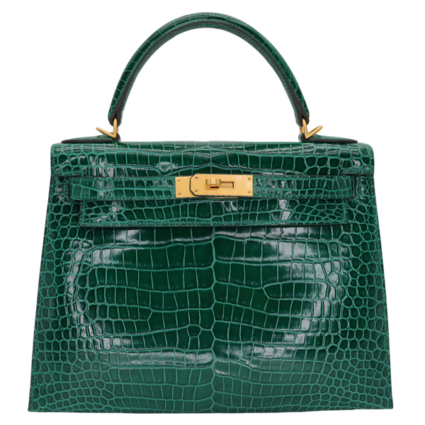 Hermès 28cm Kelly Sellier HSS Emerald Shiny Porosus Crocodile Brushed Gold Hardware