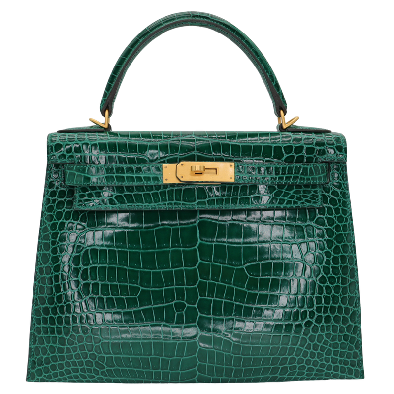 Hermès 28cm Kelly Sellier HSS Emerald Shiny Porosus Crocodile Brushed Gold Hardware
