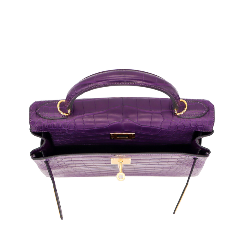 Hermès 28cm Kelly Retourne Amethyst Matte Alligator Gold Hardware