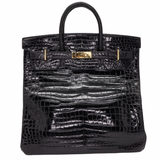 Hermès 40cm HAC Black Shiny Porosus Crocodile Gold Hardware