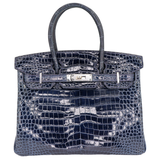 Hermès 30cm Birkin Bleu Marine Shiny Porosus Crocodile Palladium Hardware