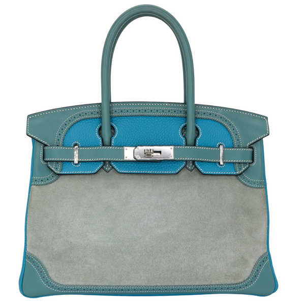 Hermès 30cm Birkin Ghillies Bleu Jean Swift/Suede/Togo Leather Palladium Hardware