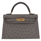 Hermès Kelly II Sellier Mini Gris Meyer Ostrich Gold Hardware