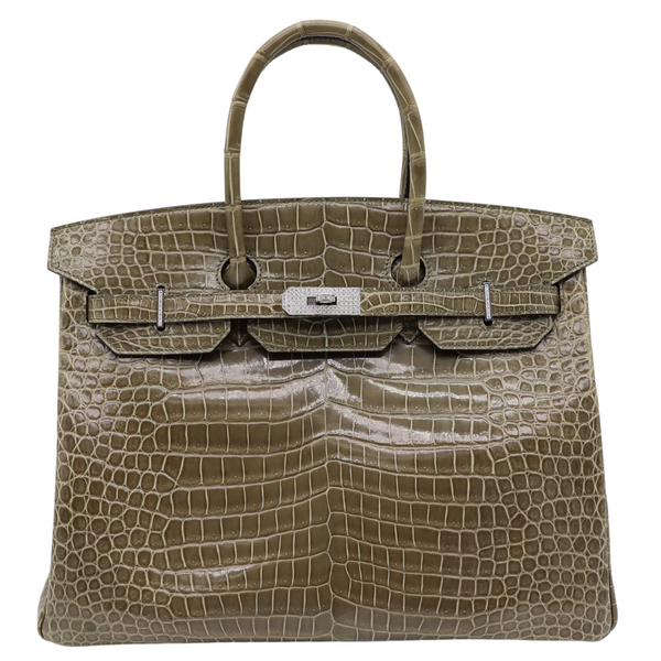 Hermès 35cm Birkin Gris Tourterelle Shiny Porosus Crocodile Diamond Hardware