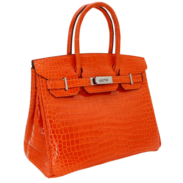 Hermès 30cm Birkin Orange Shiny Porosus Crocodile Palladium Hardware