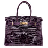 Hermès 30cm Birkin Amethyst Shiny Porosus Crocodile Gold Hardware