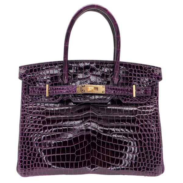 Hermès 30cm Birkin Amethyst Shiny Porosus Crocodile Gold Hardware
