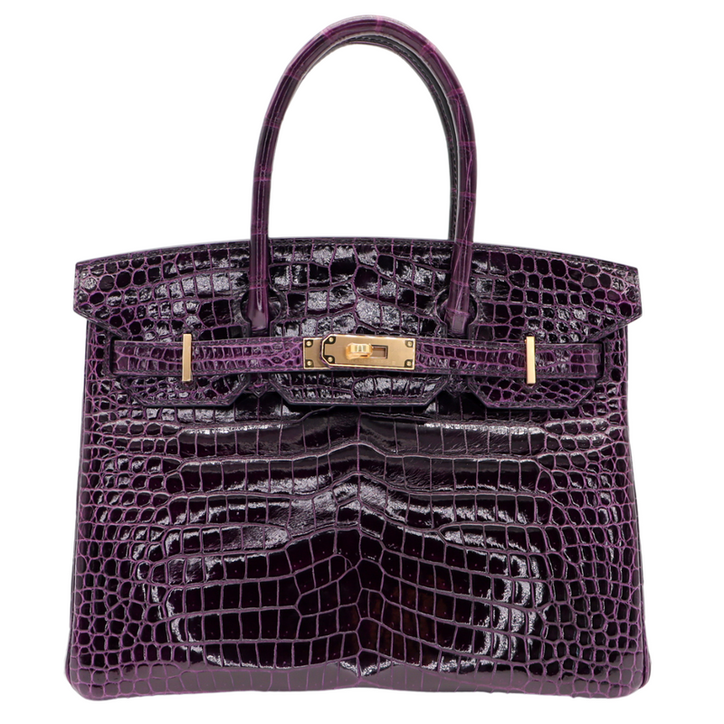 Hermès 30cm Birkin Amethyst Shiny Porosus Crocodile Gold Hardware