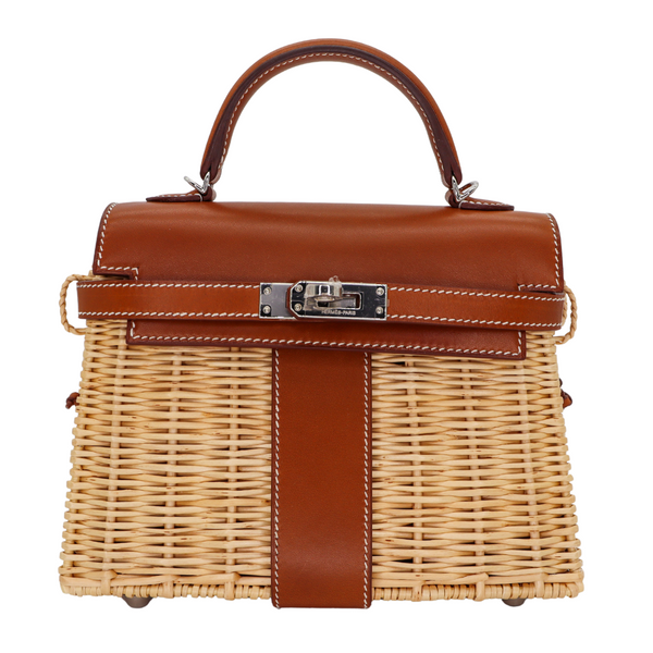 Hermès Kelly Picnic Mini Fauve Barenia Leather/Osier Wicker Palladium Hardware