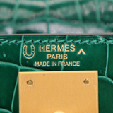Hermès 28cm Kelly Sellier HSS Emerald Shiny Porosus Crocodile Brushed Gold Hardware