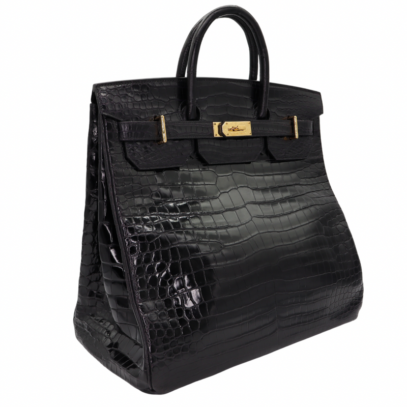 Hermès 40cm HAC Black Shiny Porosus Crocodile Gold Hardware