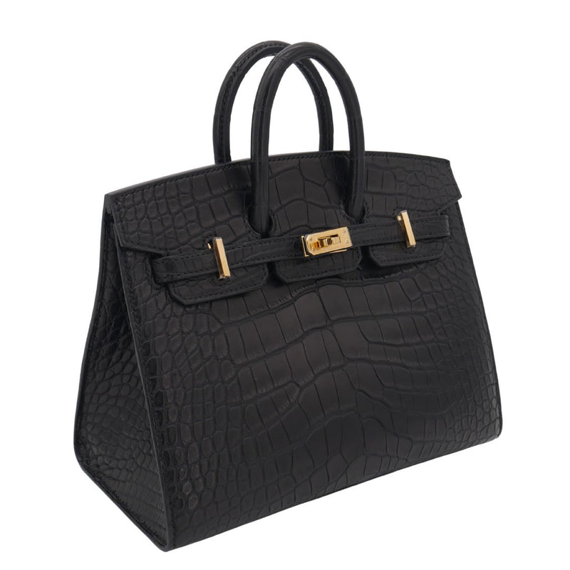 Herm�s 20cm Birkin Sellier Black Matte Alligator Gold Hardware