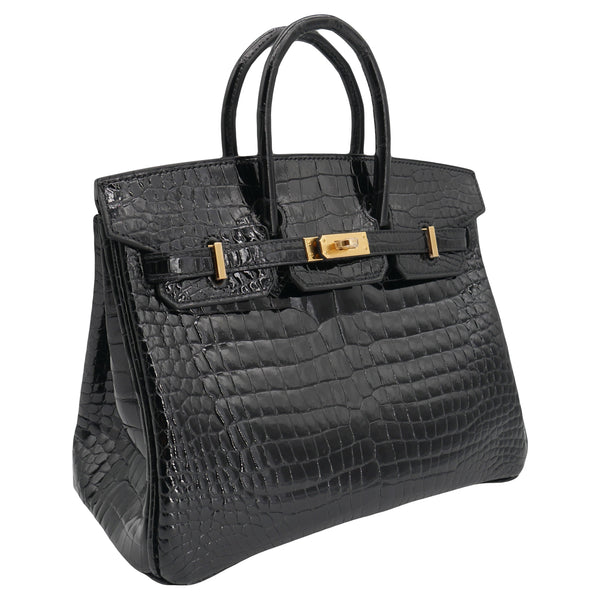 Herm�s 25cm Birkin Black Shiny Porosus Crocodile Gold Hardware