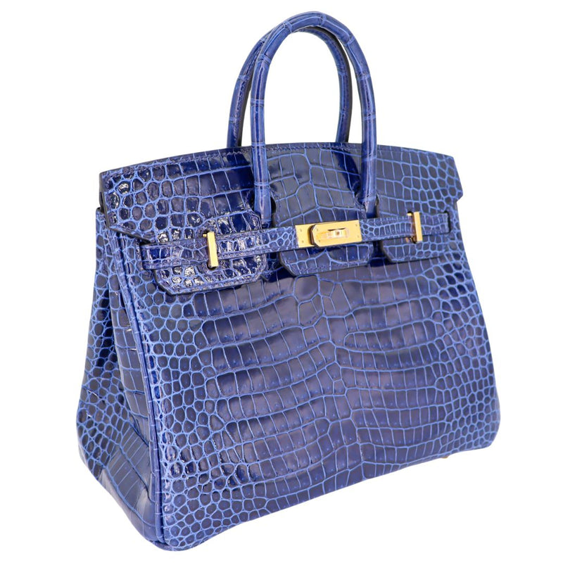 Herm�s 25cm Birkin Bleu Saphir Shiny Porosus Crocodile Gold Hardware