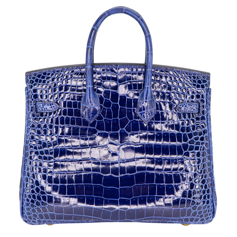 Herm�s 25cm Birkin Bleu Saphir Shiny Porosus Crocodile Gold Hardware