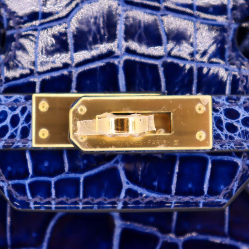 Herm�s 25cm Birkin Bleu Saphir Shiny Porosus Crocodile Gold Hardware