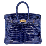 Herm�s 25cm Birkin Bleu Saphir Shiny Porosus Crocodile Gold Hardware