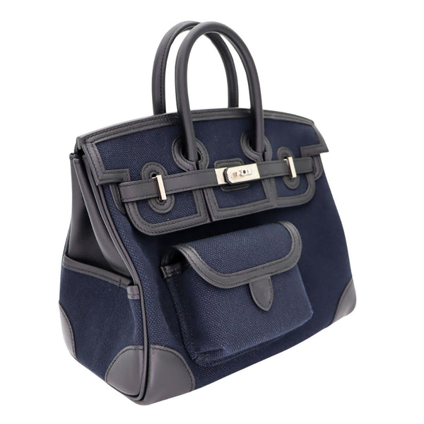 Herm�s 25cm Birkin Cargo Bleu Marine/Black Canvas/Swift Leather Palladium Hardware