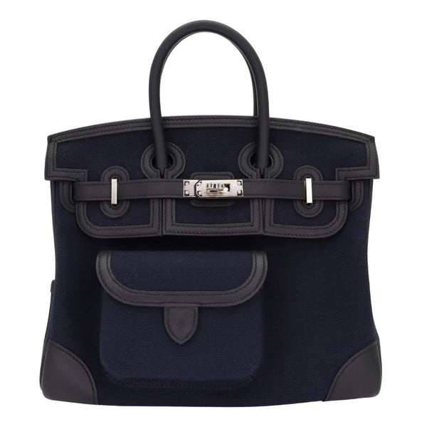 Herm�s 25cm Birkin Cargo Bleu Marine/Black Canvas/Swift Leather Palladium Hardware