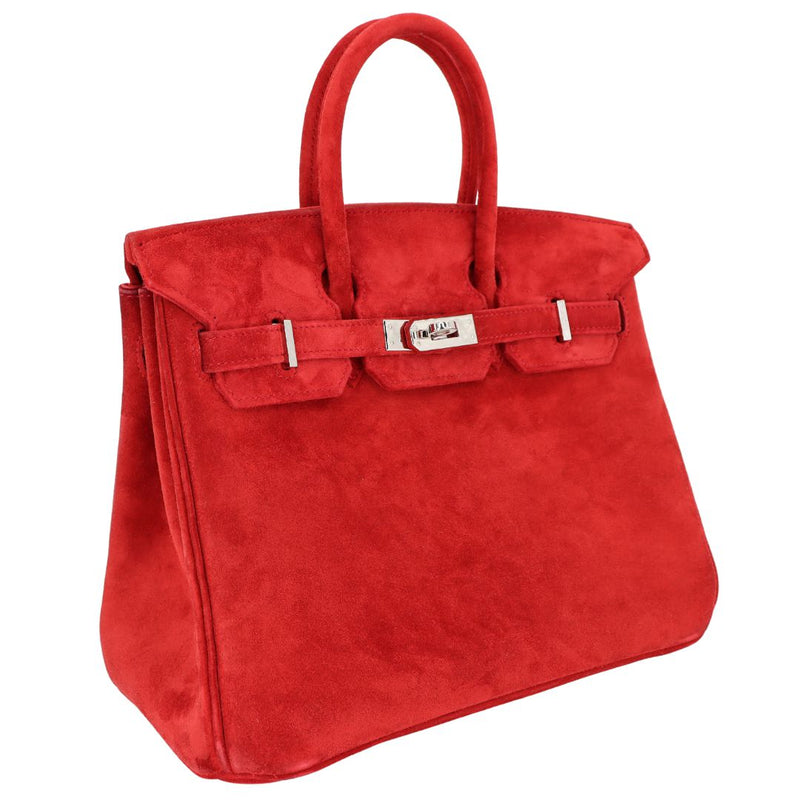 Herm�s 25cm Birkin Doblis Rouge Vif Suede Palladium Hardware