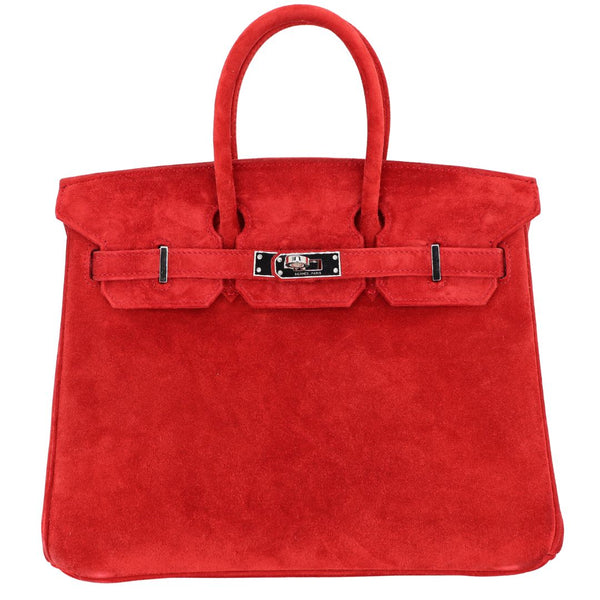 Herm�s 25cm Birkin Doblis Rouge Vif Suede Palladium Hardware