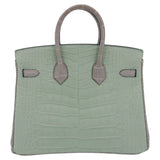 Herm�s 25cm Birkin HSS Vert D'eau/Gris Perle Matte Alligator Brushed Gold Hardware