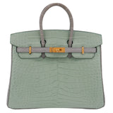 Herm�s 25cm Birkin HSS Vert D'eau/Gris Perle Matte Alligator Brushed Gold Hardware