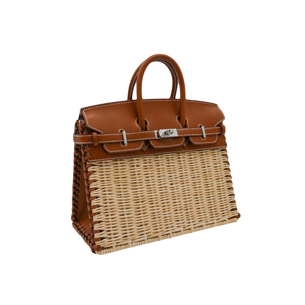 Herm�s 25cm Birkin Picnic Fauve Barenia Leather/Osier Wicker Palladium Hardware