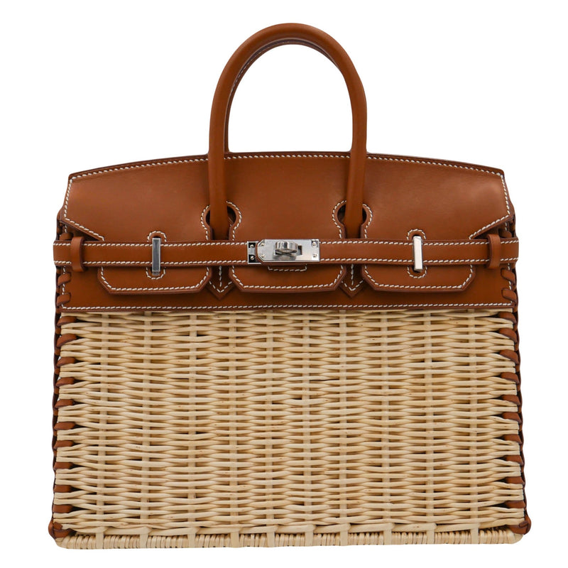 Herm�s 25cm Birkin Picnic Fauve Barenia Leather/Osier Wicker Palladium Hardware