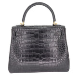 Herm�s 25cm Kelly Retourne Black Matte Alligator Gold Hardware