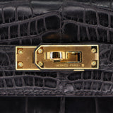 Herm�s 25cm Kelly Retourne Black Matte Alligator Gold Hardware