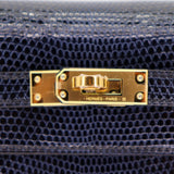 Herm�s 25cm Kelly Sellier Bleu Indigo Shiny Lizard Gold Hardware