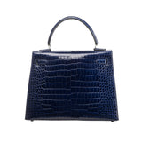 Herm�s 25cm Kelly Sellier Bleu Indigo Shiny Niloticus Crocodile Diamond Hardware