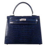 Herm�s 25cm Kelly Sellier Bleu Indigo Shiny Niloticus Crocodile Diamond Hardware