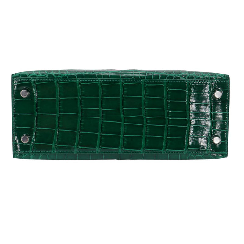 Herm�s 25cm Kelly Sellier Emerald Shiny Alligator Palladium Hardware