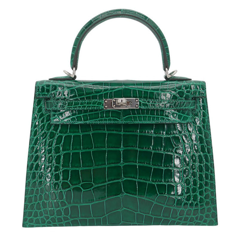 Herm�s 25cm Kelly Sellier Emerald Shiny Alligator Palladium Hardware