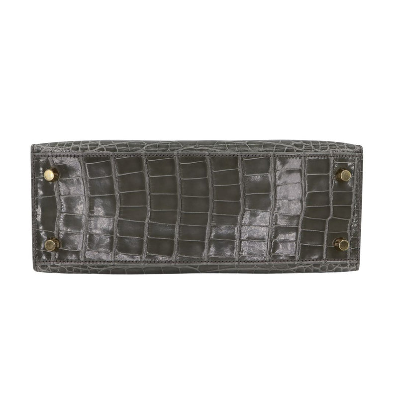 Herm�s 25cm Kelly Sellier Gris Cement Shiny Alligator Gold Hardware