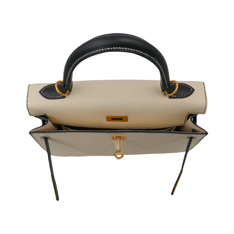 Herm�s 25cm Kelly Sellier HSS Black/Nata Epsom Leather Brushed Gold Hardware