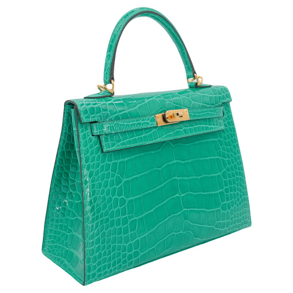 Herm�s 25cm Kelly Sellier Vert Jade Shiny Alligator Gold Hardware