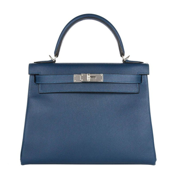 Herm�s 28cm Kelly Retourne Bleu Thalassa Epsom Leather Palladium Hardware