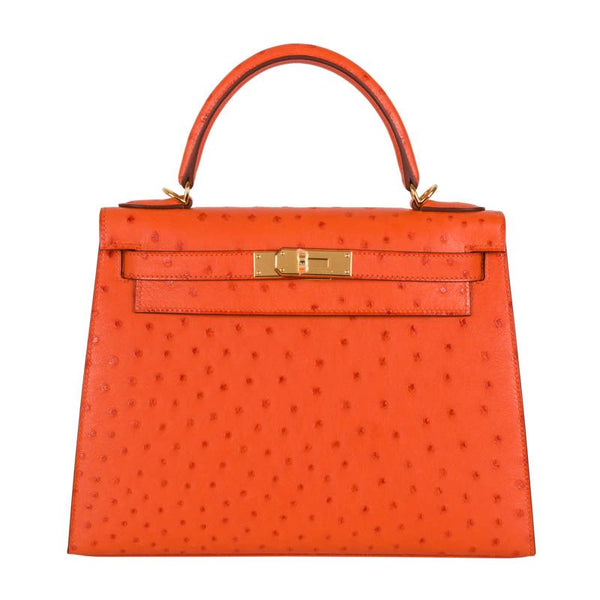 Herm�s 28cm Kelly Sellier Tangerine Ostrich Gold Hardware