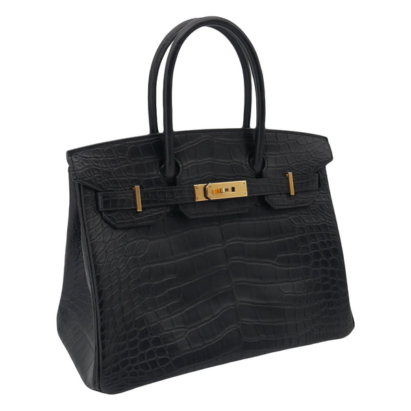 Herm�s 30cm Birkin Black Matte Alligator Gold Hardware