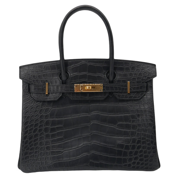 Herm�s 30cm Birkin Black Matte Alligator Gold Hardware