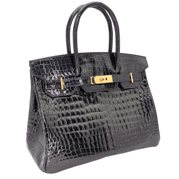 Herm�s 30cm Birkin Black Shiny Crocodile Porosus Gold Hardware