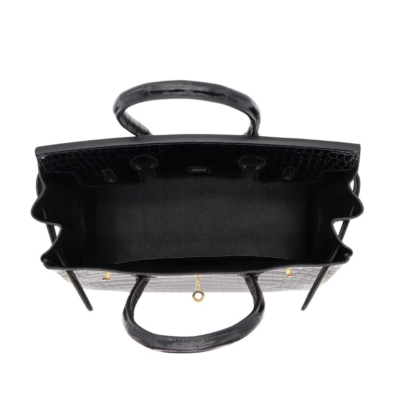 Herm�s 30cm Birkin Black Shiny Crocodile Porosus Gold Hardware