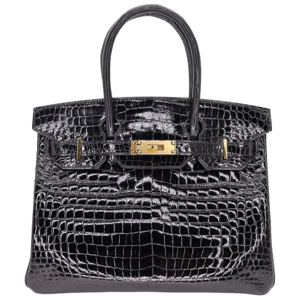 Herm�s 30cm Birkin Black Shiny Crocodile Porosus Gold Hardware