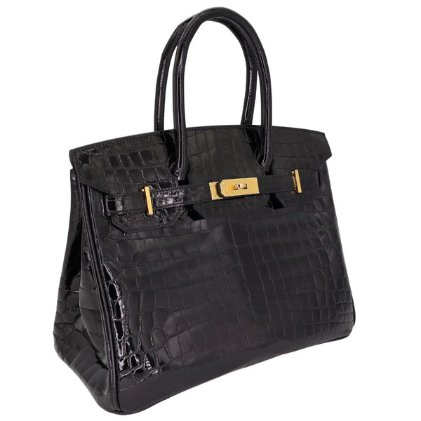 Herm�s 30cm Birkin Black Shiny Niloticus Crocodile Gold Hardware