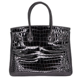 Herm�s 30cm Birkin Black Shiny Niloticus Crocodile Gold Hardware